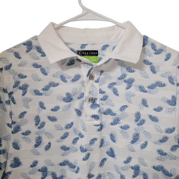 PGA Tour Size S White with Blue Tropical Leaves Pattern Golf Polo Shirt - Picture 3 of 12